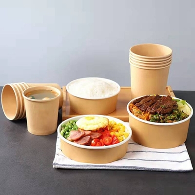 La ciotola eliminabile della tazza della minestra di carta kraft con il coperchio di carta porta via il pranzo che imballa la scatola da portar via